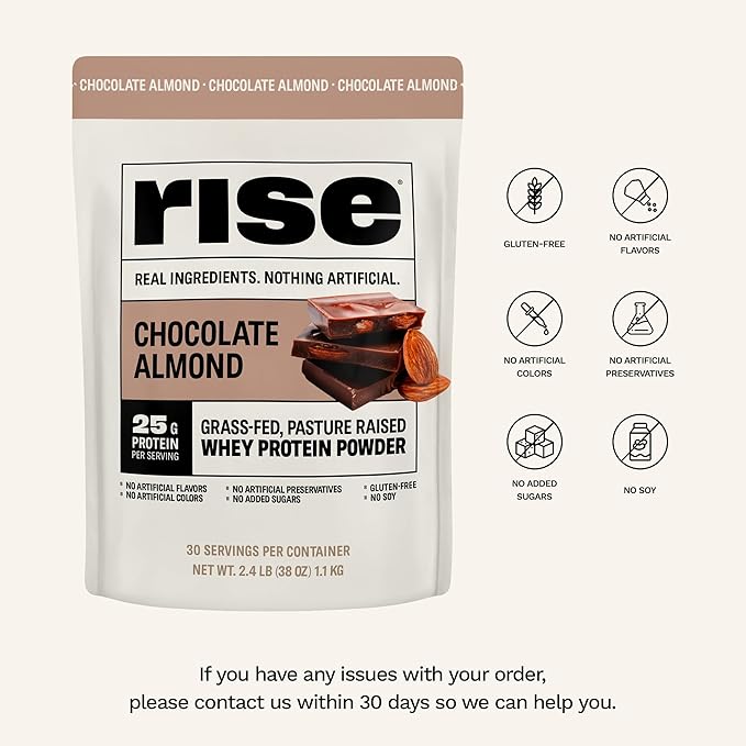 Rise Grass-Fed Whey Protein Powder - Chocolate Almond | 25g Protein No Artificial Flavors, Colors