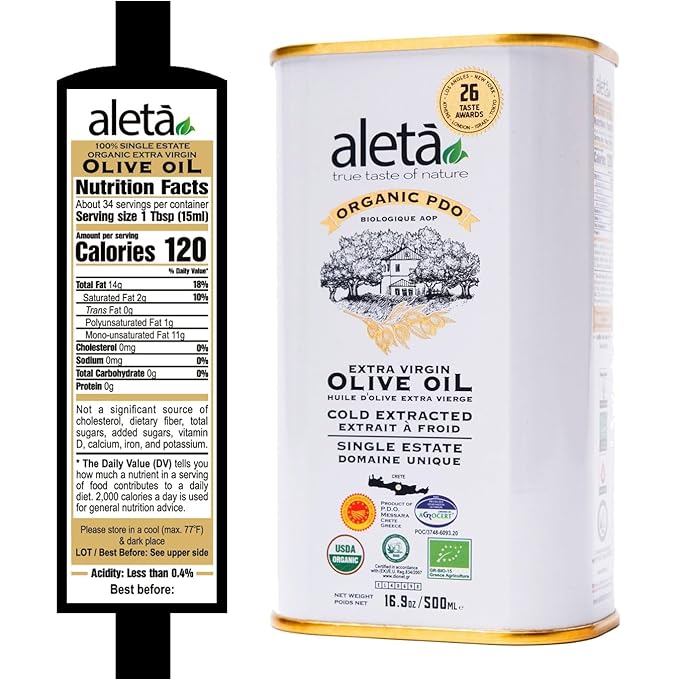 Aleta Farms Olive Oil Extra Virgin, USDA Organic, Single Estate PDO Polyphenol Rich Olive Oil, Cold