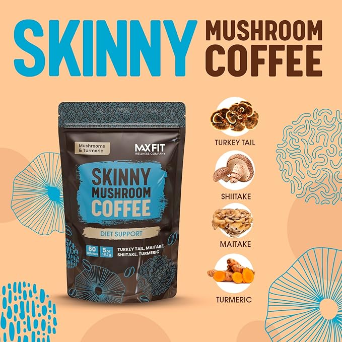 Skinny Instant Mushroom Coffee (60 Servings) Mental Focus Plus Diet Support - Turkey Tail, Maitake
