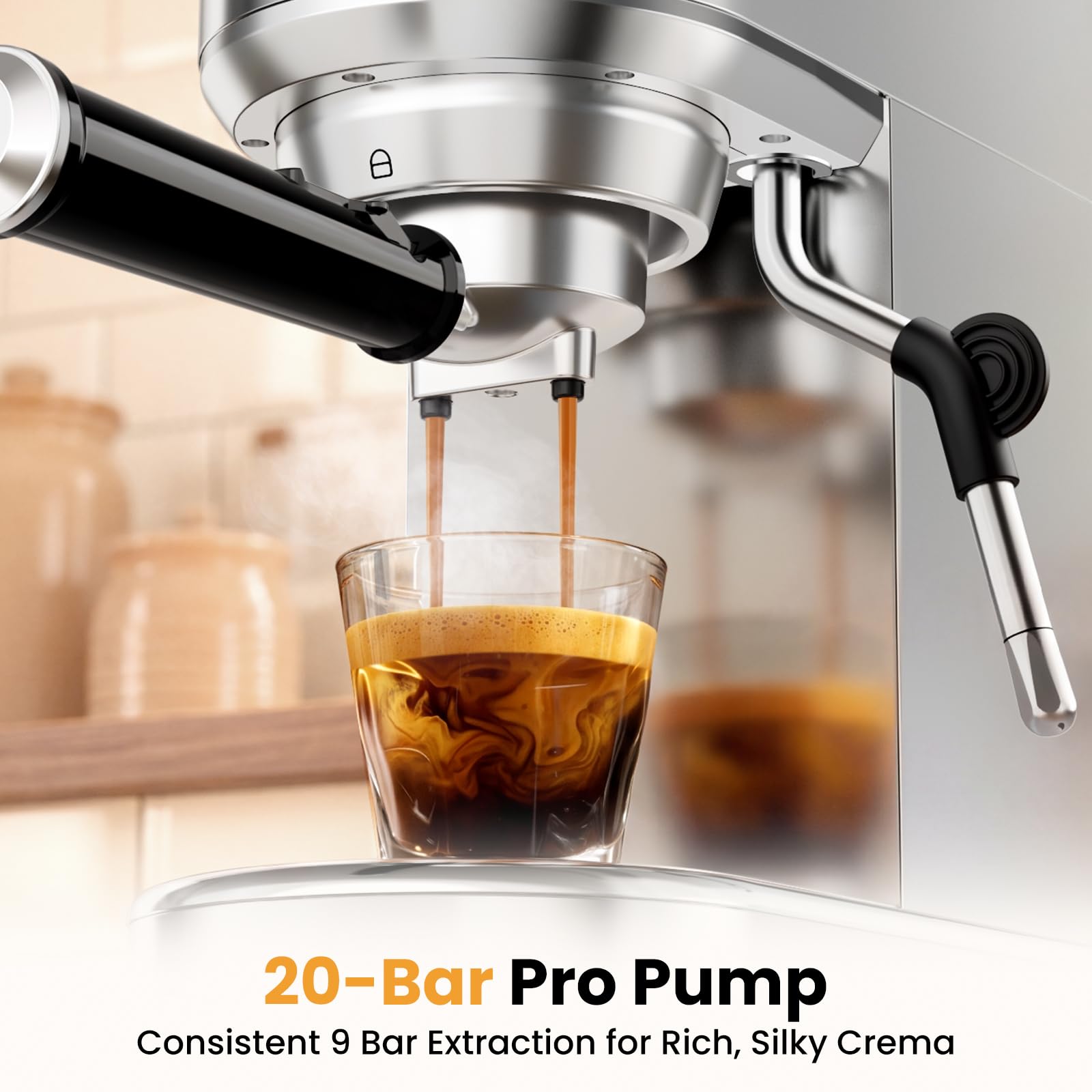 AERCANA Espresso Machine 20 Bar, Compact Espresso Coffee Machine with Milk Frother, Stainless Steel