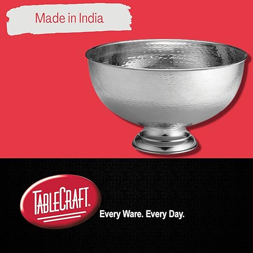 TableCraft RPB1513 Hammered Pedestal Punch Bowl, Large Silver Stainless Steel, 54 Cup Capacity, 3.4