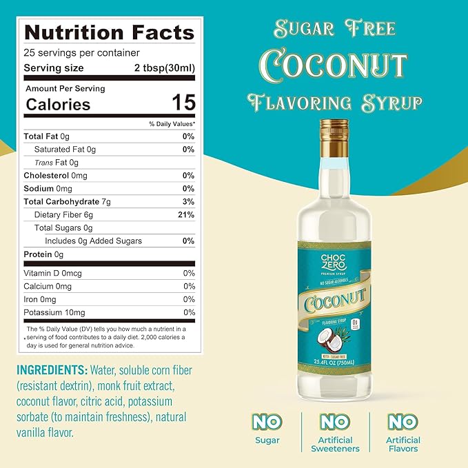 ChocZero Coconut Syrup – Sugar Free Flavoring Syrup for Coffee, Tea & Baking – Keto Friendly, Low