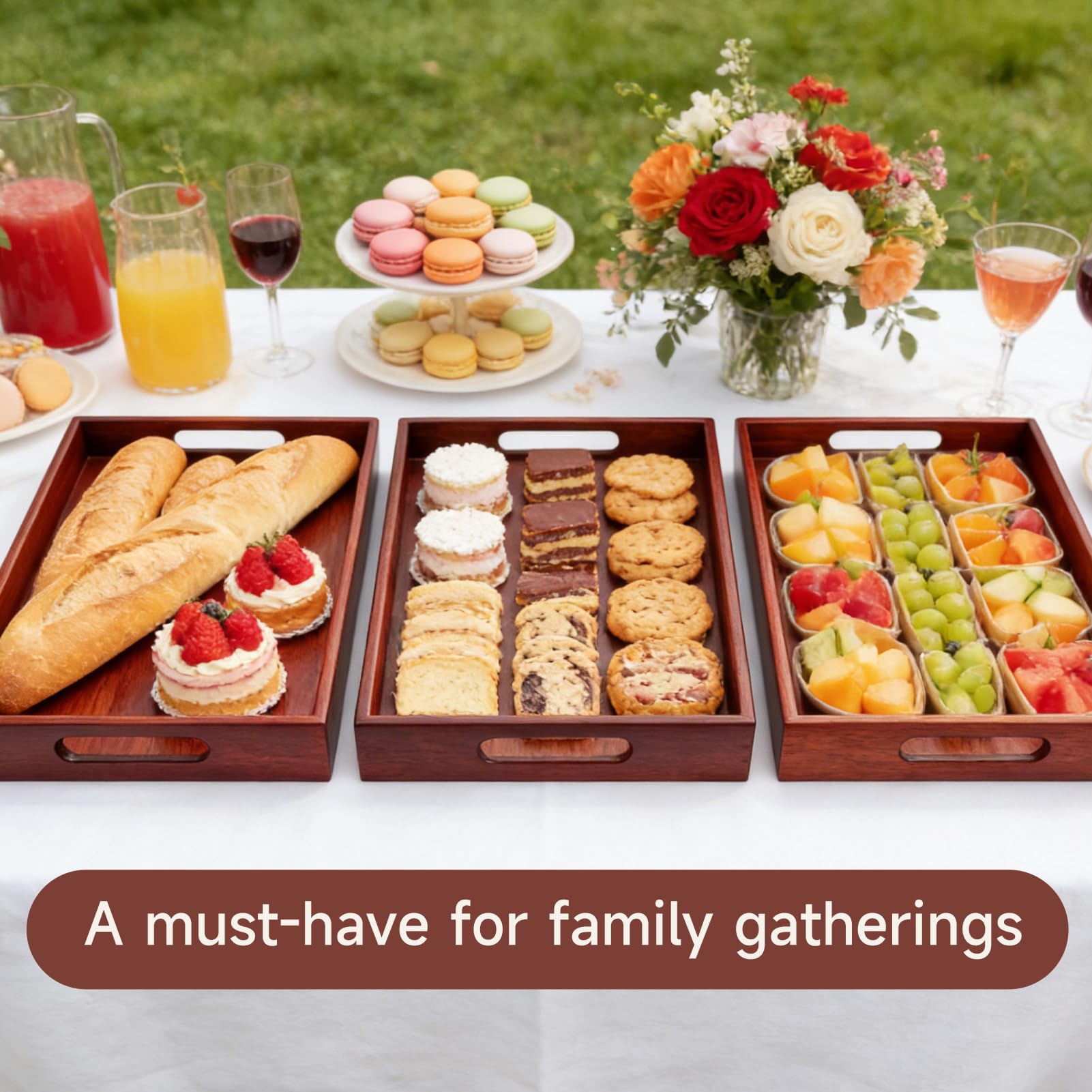 Kiseng 17 x 12 Inch Acacia Wood Large Serving Tray with Handles