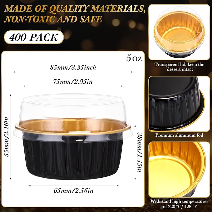 Gejoy 400 Pcs Aluminum Foil Baking Cups with Lids 5 oz Disposable Ramekins Mini Cake Pans Creme