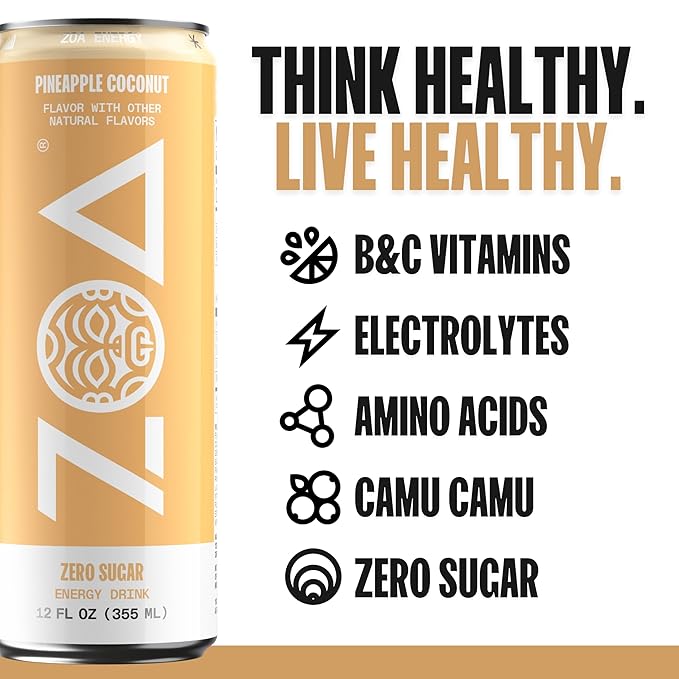 ZOA Zero Sugar Energy Drinks, Pineapple Coconut - Sugar Free with Electrolytes, Healthy Vitamin C
