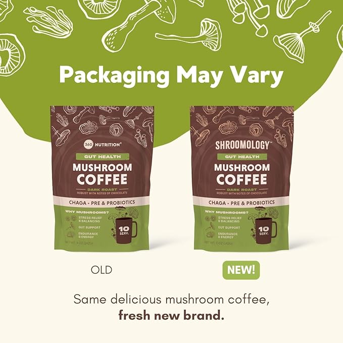 360 Nutrition Instant Mushroom Coffee with Chaga Superfood Mushroom and Prebiotics, Probiotics for