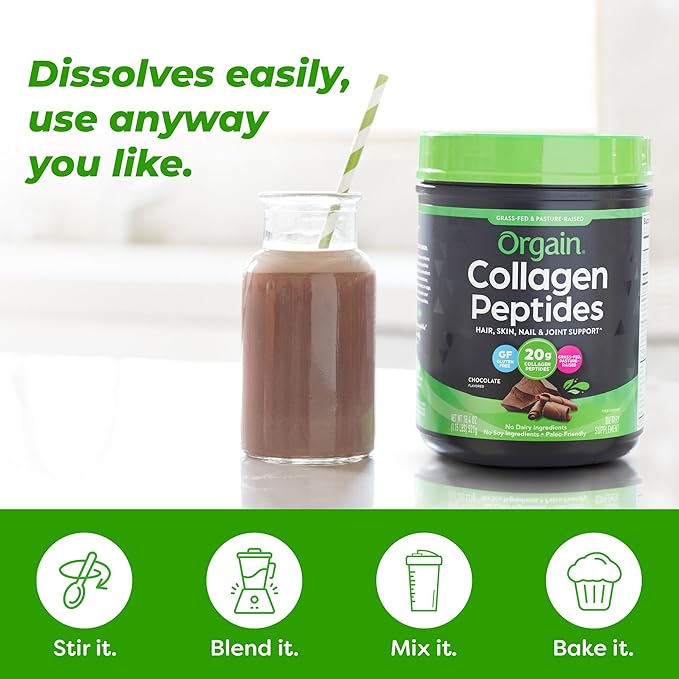 Orgain Hydrolyzed Collagen Peptides Powder For Women & Men, Chocolate, 20g Grass Fed Collagen