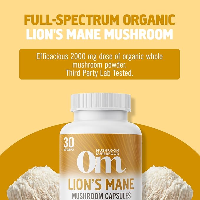 OM MUSHROOM SUPERFOOD Lion's Mane Mushroom Capsules Superfood Supplement, 90 Count, 30 Day Supply