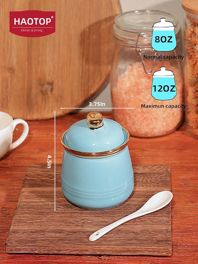 HAOTOP 12oz Sugar Bowl with Lid and Spoon,Simple Ceramic Sugar Jar Sugar Container Sugar Dispenser