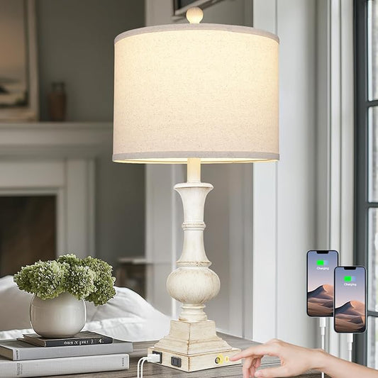 26" Farmhouse Table Lamp, Vintage Rustic Touch Control Bedside Lamp with 2 USB Ports & AC Outlet