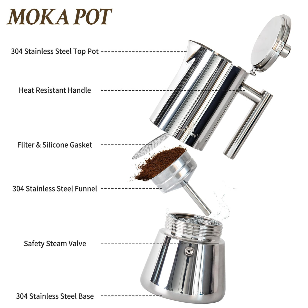 LAOION Stovetop Espresso Maker, 6Cup 10 oz Moka Pot, Stainless Steel