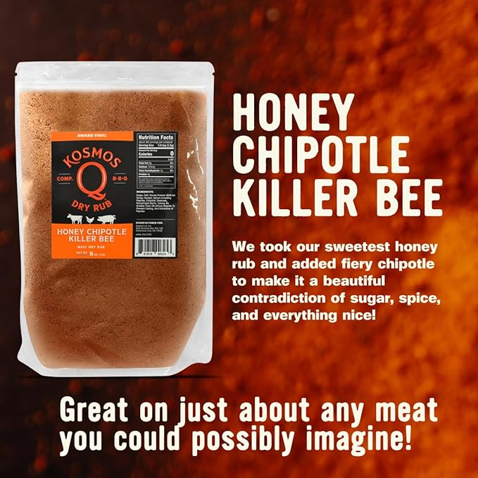 Kosmos Q Honey Chipotle Killer Bee BBQ Dry Rub, Sweet and Spicy Seasoning with Sugar, Chipotle