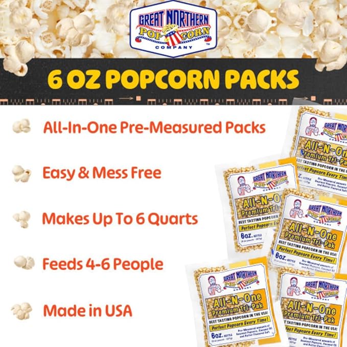 6oz Popcorn Machine Popcorn Packets - All-in-One Movie Theater Style Popcorn Kernels, Salt, and Oil