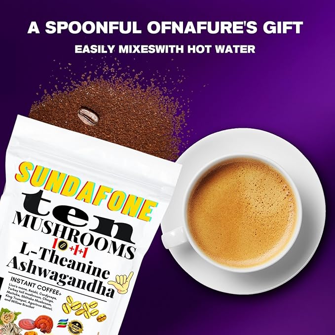 SUNDAFONE Mushroom Coffee with L-Theanine, Ashwagandha, Lion's Mane, Reishi for Focus, Immunity