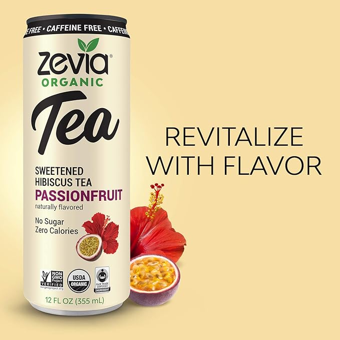 Zevia Zero Sugar Tea, Hibiscus Tea with Passionfruit Caffeine Free, 12 oz Cans (12-Pack)