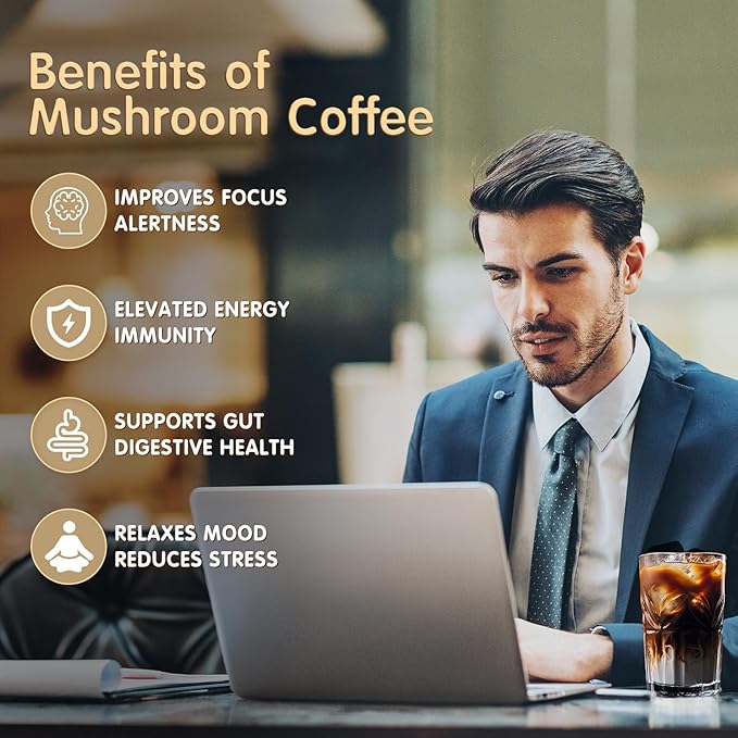 Mushroom Coffee, 6 Adaptogenic Mushrooms with Lion's Mane, Cordyceps, Turkey Tail & More, Instant