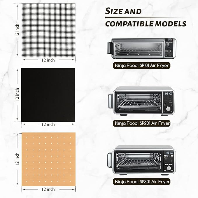WMKGG 12 inch Square Air Fryer Liners Set, 3 Pack Non-stick Reusable Toaster Oven Mat Compatible