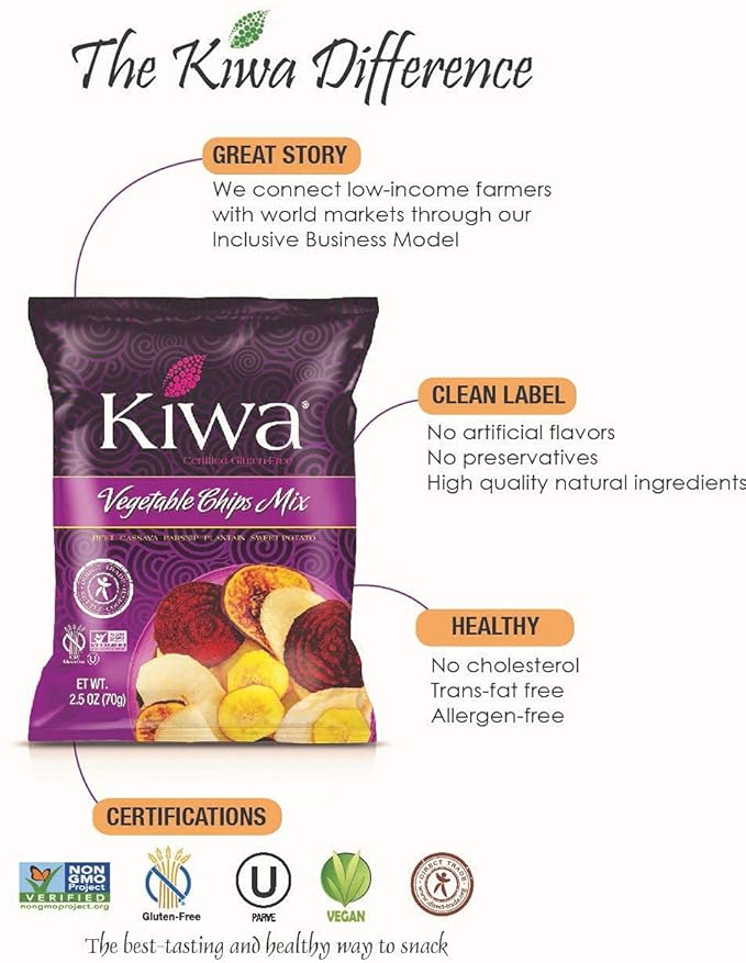 Kiwa Real Veggie Chips Healthy 2.5 Oz (Pack of 6) - Veggie Snacks with Plantain, Beet, Parsnip