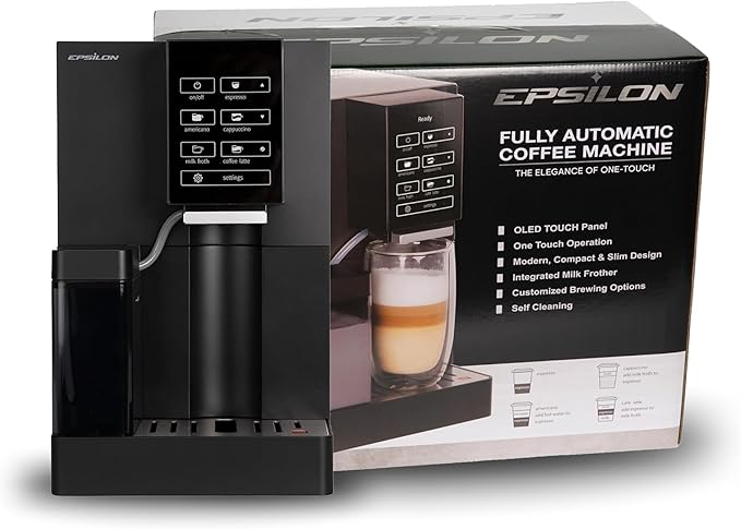 Epsilon Fully Automatic Coffee Machine with Grinder, Coffee & Espresso Maker Combo, Built-In Milk