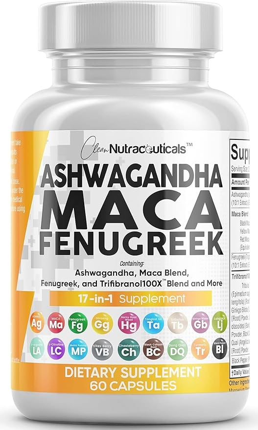 Clean Nutraceuticals Ashwagandha Maca Root Fenugreek Supplement with Tongkat Ali Ginseng - Assists