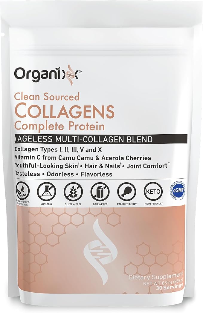 Organixx Collagen Peptides Powder with Vitamin C, Types I, II, III, V, X Hydrolyzed Collagen, Hair