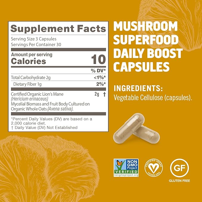OM MUSHROOM SUPERFOOD Lion's Mane Mushroom Capsules Superfood Supplement, 90 Count, 30 Day Supply