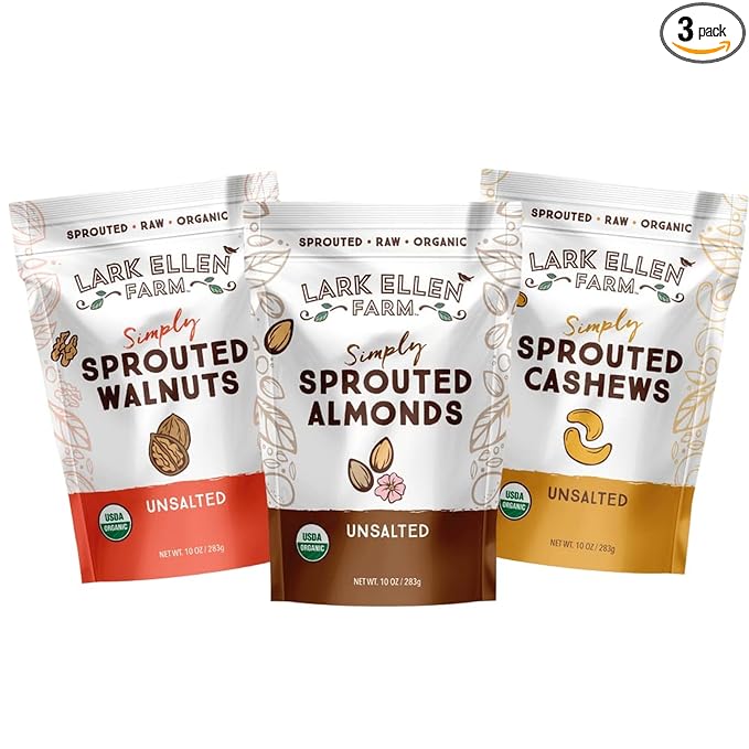 Lark Ellen Farm Sprouted Organic Nuts Variety Pack ??Almonds, Walnuts & Cashews ??Raw, Vegan