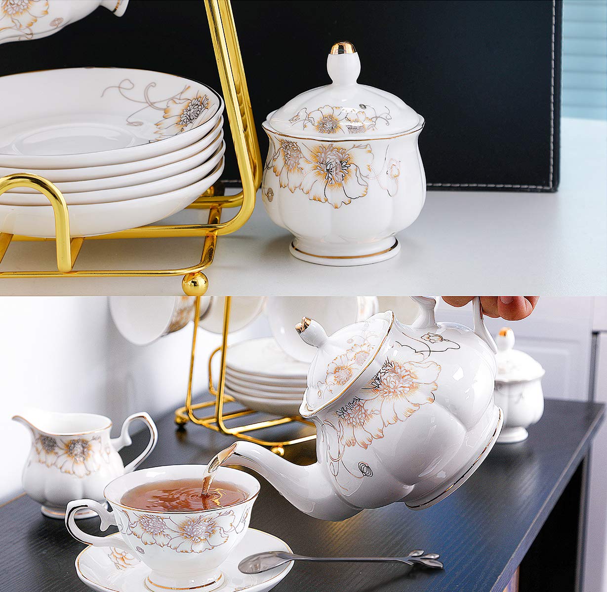 CHENP.HMC Tea Set 22-Piece Porcelain Ceramic Coffee(Chrysanthemum)