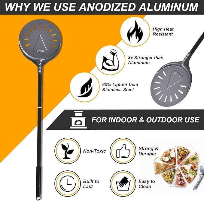 Turning Pizza Peel, 8 Inch with 25 Inch Handle Round Pizza Turning Peel, Professional Anodized