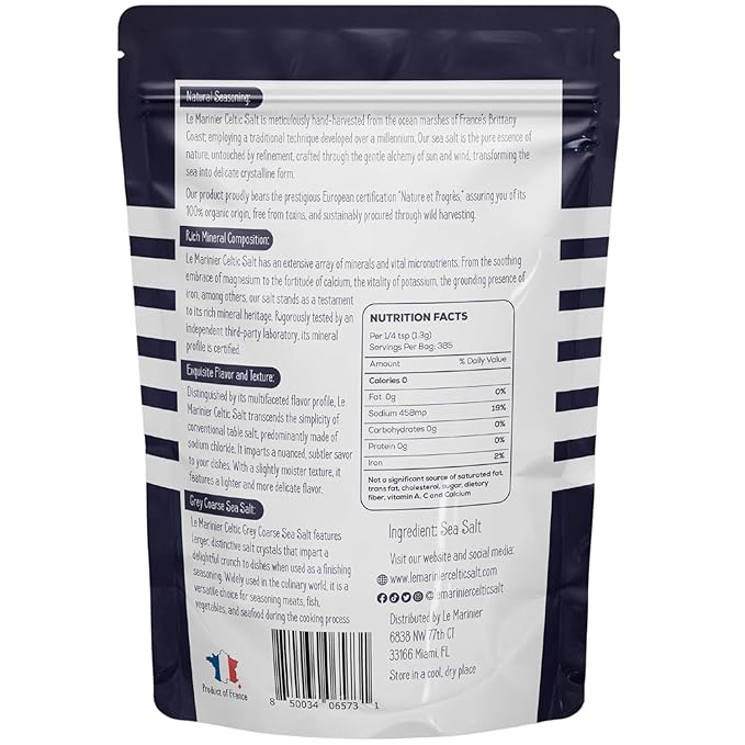 Le Marinier French Sea Salt Grey Coarse, 1.1lb - 18oz Pack of 2. Mineral Rich Unrefined French Sea