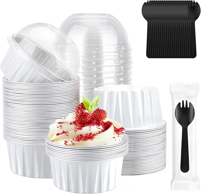 EUSOAR Disposable Ramekins with Sporks Individually Wrapped, 60pcs 5oz Mini Cake Pans with Lids and