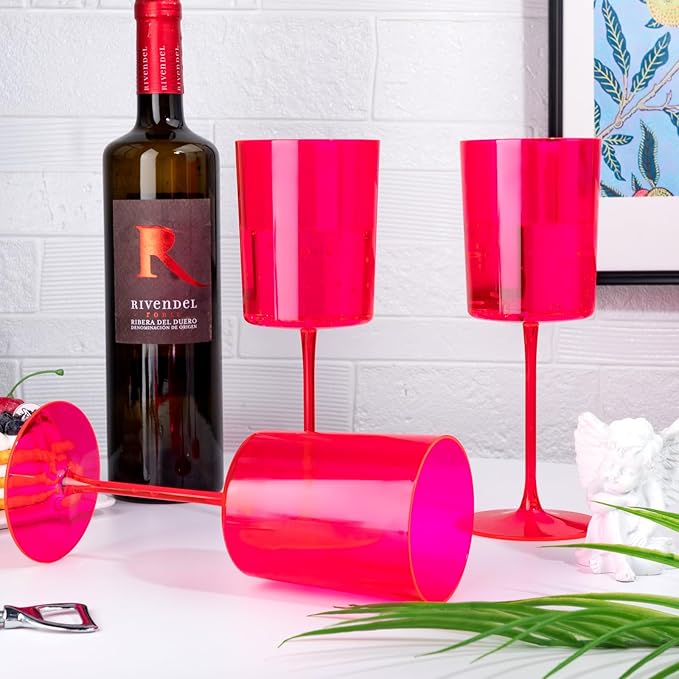 Ciaell 12 Pack Plastic Wine Glasses - 14Oz Hot Pink Plastic Wine Glasses With Stem - Disposable
