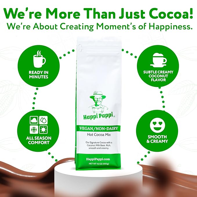 Happi Pappi - Vegan Hot Cocoa Mix, Coconut Milk Base Rich and Smooth Chocolate Powder for Drinks &