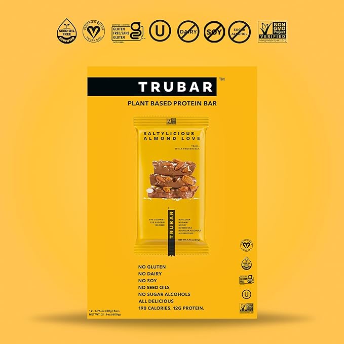 TRUBAR Vegan Protein Bar, Saltylicious Almond Love, Gluten Free, Plant Based, High Fiber, Dairy