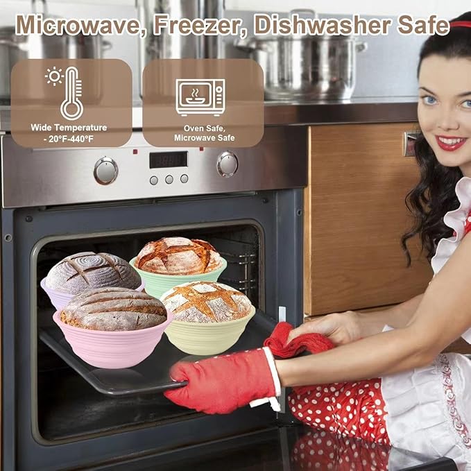 4Pcs Silicone Bread Proofing Baskets, 9" Collapsible Sourdough Bread Baking Supplies Non-Stick