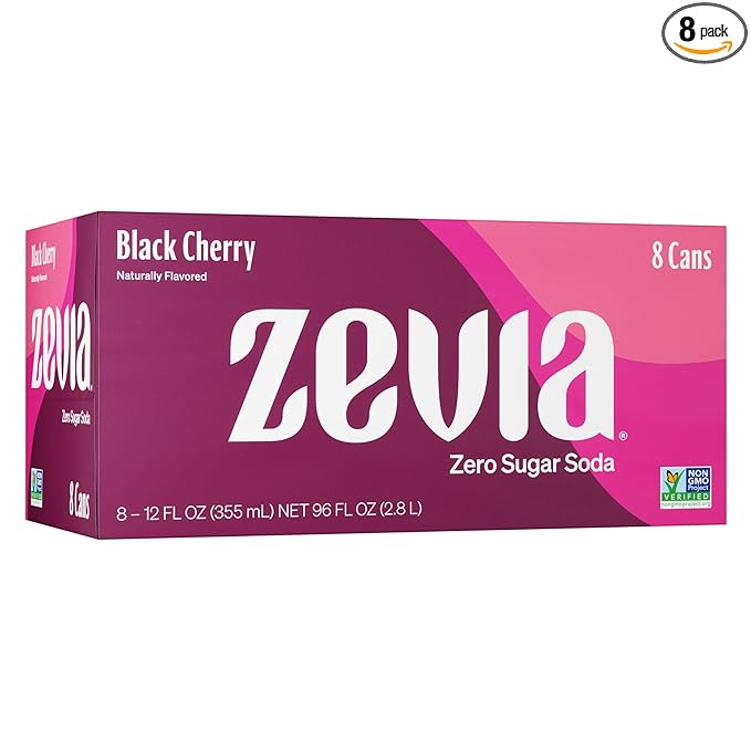Zevia Zero Sugar Soda, Black Cherry, 12 oz Cans (8-Pack) ??Naturally Sweetened, Non-GMO Project
