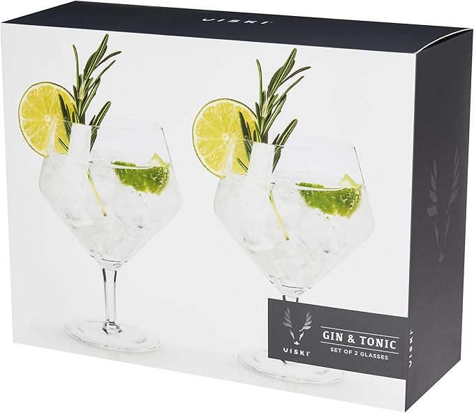 Viski Raye Angled Stemmed Gin and Tonic Glasses Set of 2 - Premium Crystal Clear Cocktail Gin
