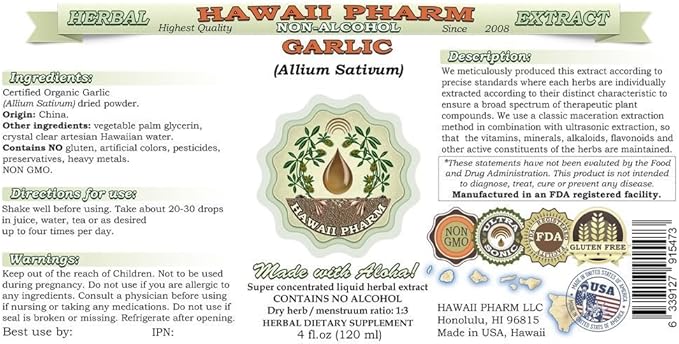 Garlic Alcohol-Free Liquid Extract, Organic Garlic (Allium sativum) Dried Powder Glycerite Hawaii