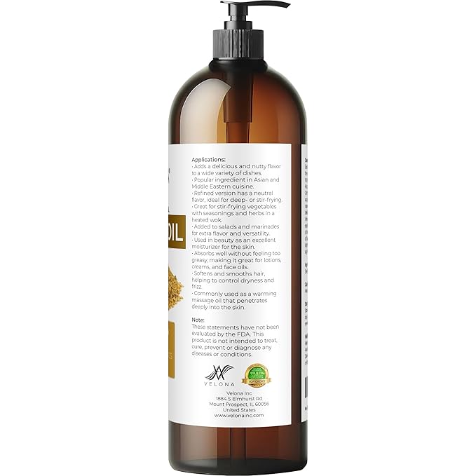 Sesame Seed Oil by Velona - 32 fl oz | 100% Pure and Natural Carrier Oil | Refined, Expeller
