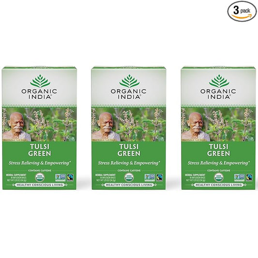 ORGANIC INDIA Tulsi Green Tea Bags - Holy Basil Tea, African Basil, Stress Relieving, Immune