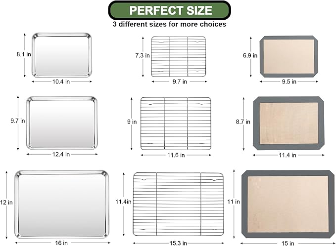 Baking Sheet Tray Cooling Rack with Silicone Mat Set, Stainless Steel Cookie Pan For Oven, Set of 9