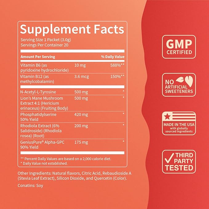 SuperFocus Mojito ??Nootropic Focus Drink Mix, 20 On-The-Go Packets, Alpha GPC, Lion?™s Mane