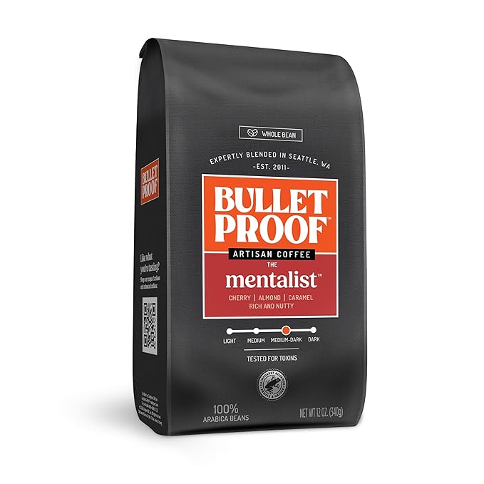 Bulletproof The Mentalist Medium-Dark Roast Whole Bean Coffee, 12 Ounces, Clean Coffee Tested for