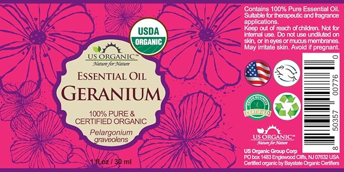 US Organic 100% Pure Geranium Essential Oil - USDA Certified Organic, Steam Distilled - W/Euro