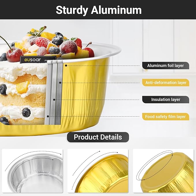 EUSOAR Disposable Muffin Tins, 100pcs 9oz Gold Aluminum Ramekins with Lids, Baking Cups with Lids