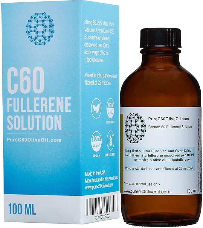 PureC60OliveOil C60 Organic Olive Oil 100ml / 3.4 Fl Oz - 99.95% Carbon 60 Solvent Free 80mg
