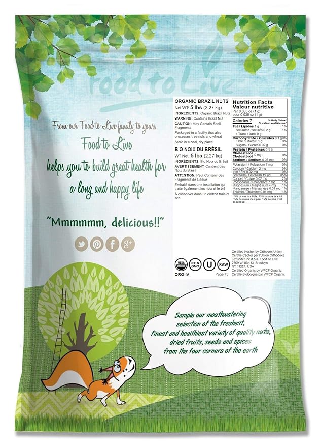 Food to Live Organic Brazil Nuts, 5 Pounds Non-GMO, Raw, Whole, No Shell, Unsalted, Kosher, Vegan
