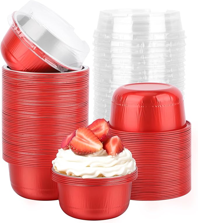 Beasea Disposable Baking Cups With Lids, 100 Pack 6.1oz 180ml Aluminum Foil Ramekins Round Baking
