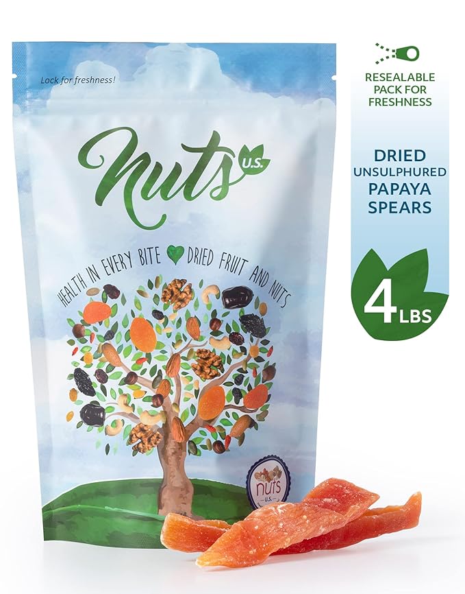 NUTS U.S. - Dried Papaya Spears (Unsulphured) | Low Sugar. Lightly Sugar Coated | No Color Added |
