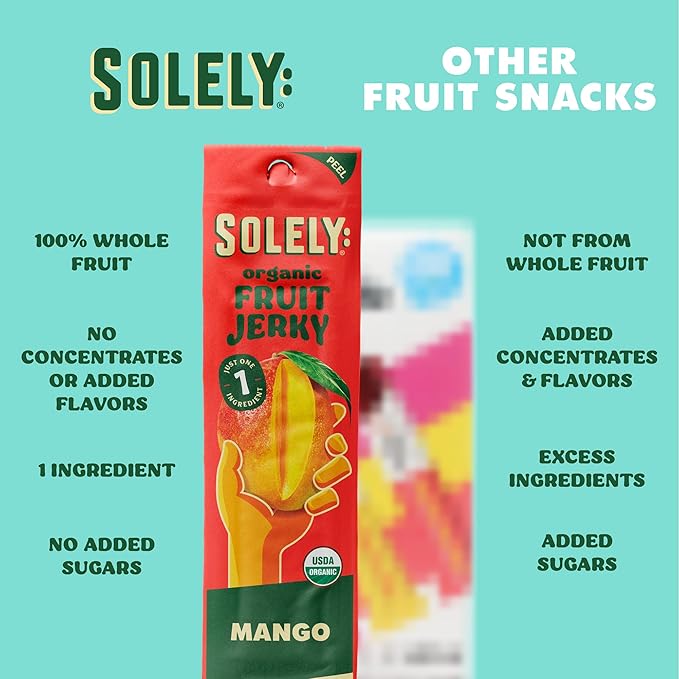 Solely - Organic Mango Fruit Jerky - 12 Individually Wrapped Fruit Strips - Fruit Leather Made from